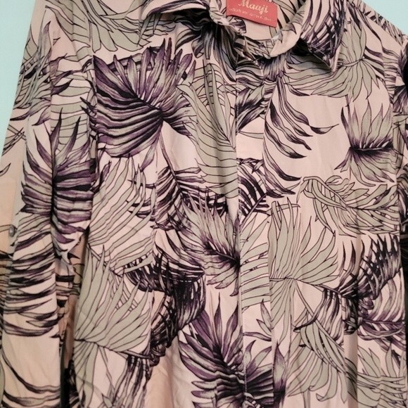 Maaji Pink Palm Leaf Button Down Long Sleeve Tunic Blouse Size Small - Picture 3 of 7